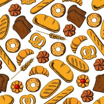 Bread and sweet buns seamless pattern backgorund Illustrazione stock