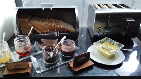 Bread and Various of Jam, Breakfast Set with Toaster Stock Footage 130203114