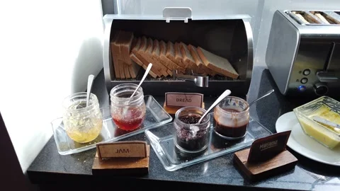 Bread and Various of Jam, Breakfast Set with Toaster Stock Footage 130203182