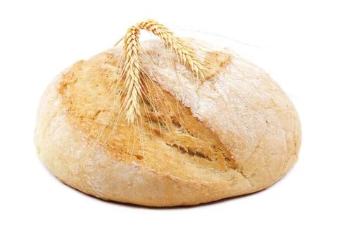 Bread and wheat ears on white background. Stock Photos