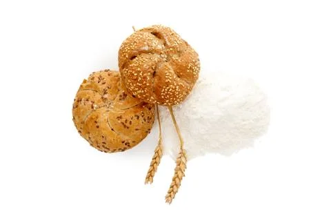 Bread and wheat flour isolated from above. Stock Photos