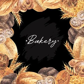 Bread and wheat watercolor square frame. Hand drawn illustrations of buns, loafs Stock Illustration