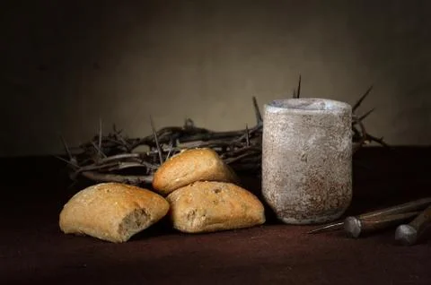 Bread and Wine on Table Stock Photos
