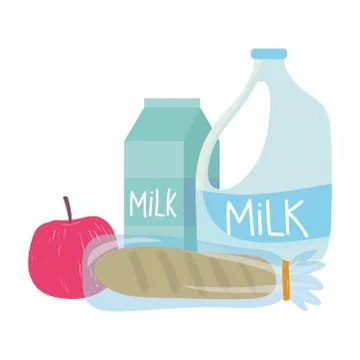 Bread apple milk box and bottle, food delivery in grocery store Stock Illustration
