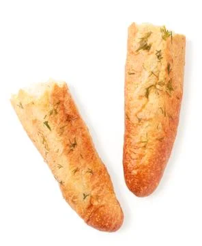Bread baguette broken in half on a white background isolated. The view from t Stock Photos
