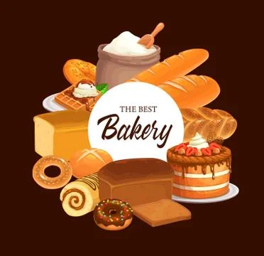 Bread, baguette, cake. Bakery and pastry food Stock Illustration