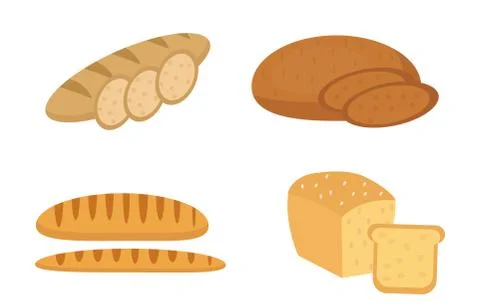 Bread, baguette, loaf set. Bakery products collection. Flat design, isolate.. Stock Illustration