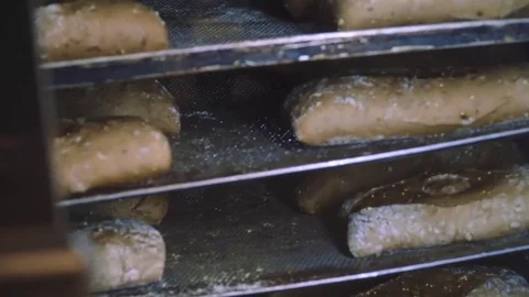Bread bakery close up slide with frash made bread tasty Stock Footage 73374215