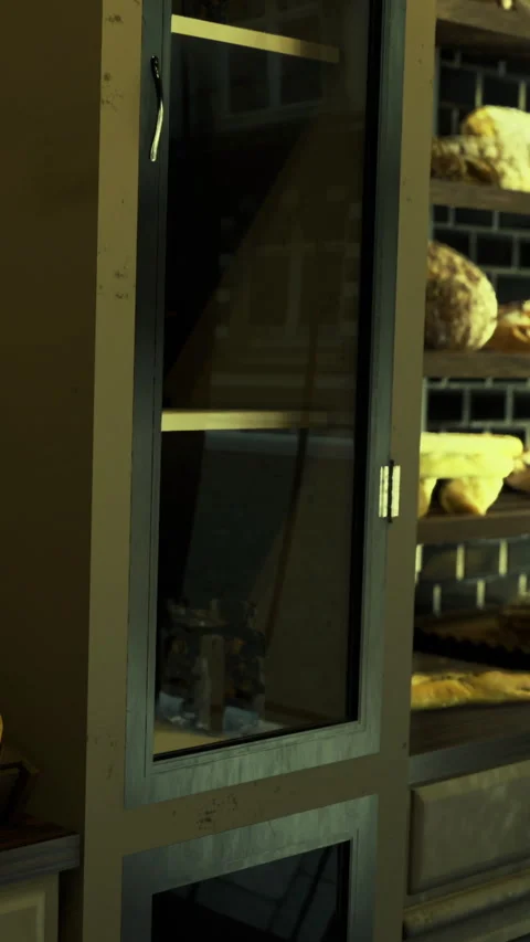 Bread bakery display case with empty shelves and baked goods Stock Footage 331670345