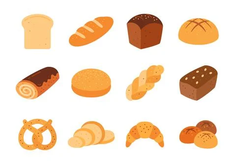 Bread bakery flat set bun croissant white rye loaf Stock Illustration