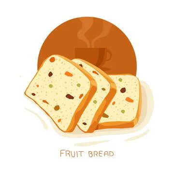 Bread, bakery icon, sliced fresh tutti frutti fruit bread with tea isolated o Stock Illustration