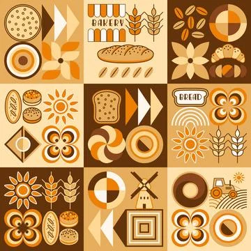 Bread, bakery themed geometric pattern with icons Stock Illustration