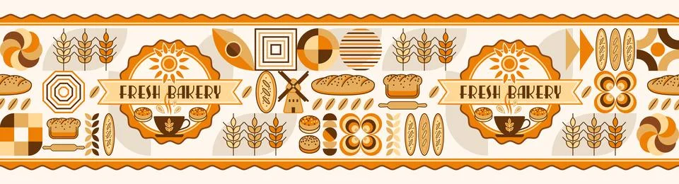 Bread, bakery themed horizontal border with icons Stock Illustration