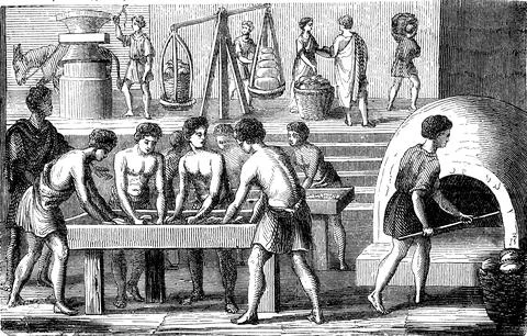 Bread baking in ancient Rome, historical, digital reproduction of an original 스톡 일러스트
