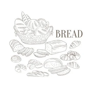Bread Basket And Other Bakery Products Hand Drawn Realistic Sketch 스톡 일러스트