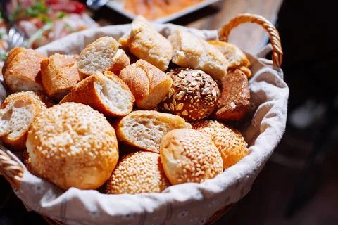 Bread in basket on the banquet table Photos