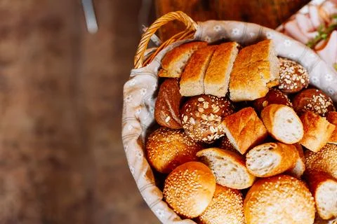 Bread in basket on the banquet table Stock Photos
