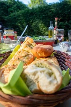 Bread Basket on BBQ Garden Table Stock Photos