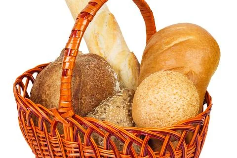 Bread in a basket. Isolated on white close up Stock Photos