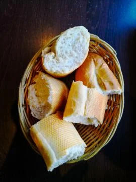 Bread in basket - little roll breads in basket on table Stock Photos