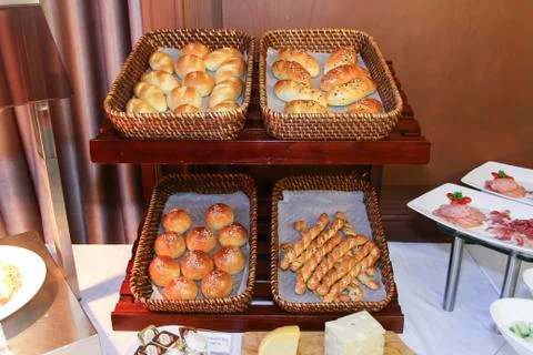 Bread in basket on the table at restaurant Stock Photos