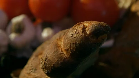 Bread to basket of vegetables tomatoes close 스톡 동영상 107245489