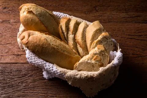Bread basket on wood background Stock Photos