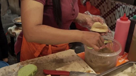 Bread is being served with jam, street food concept Stock Footage 268515682