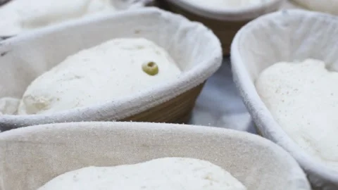 Bread blanks in the form of dough in bread baking molds lie before baking Video stock 249586385