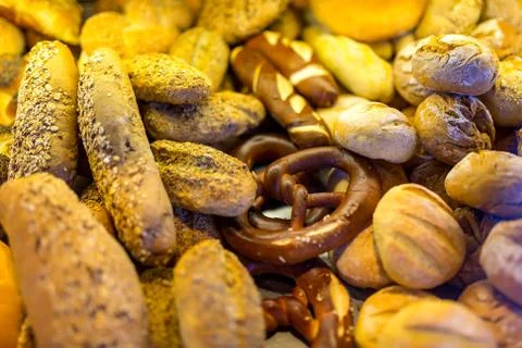Bread, bread products close-up on a shelf in the store. Stock Photos