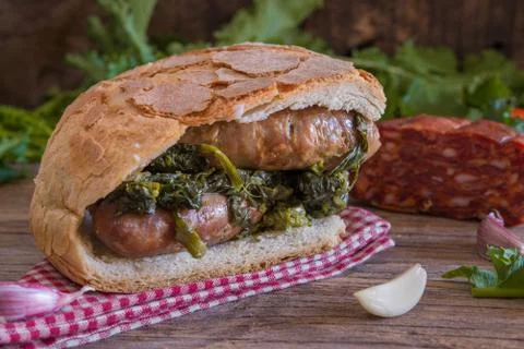 Bread  broccoli and sausages Stock Photos