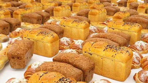 Bread bun roll croissant set or collection Baked food and bakety Stock Photos