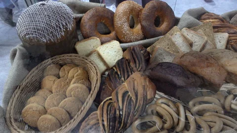Bread with buns and cookies in 4K Stock Footage 155163382