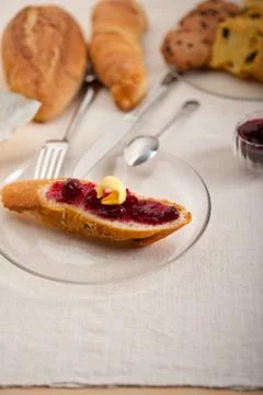 Bread butter and jam Stock Photos