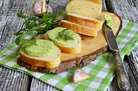 Bread with butter. Simple breakfast concept. Stock Photos