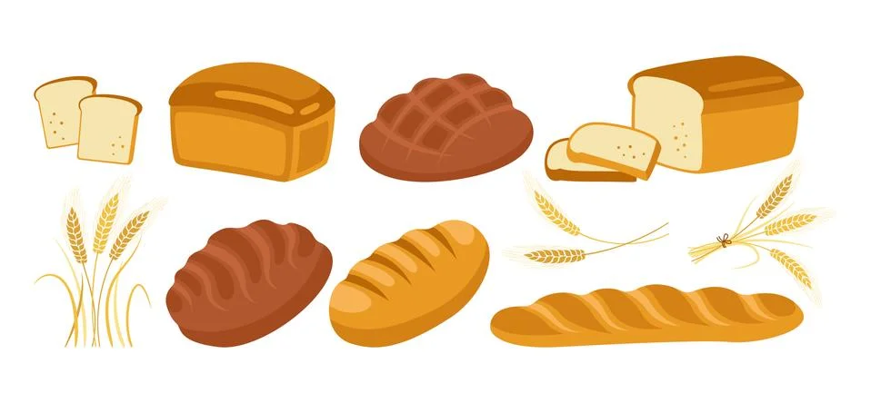 Bread cartoon icon set bakery ears wheat vector Stock Illustration