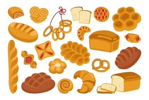 Bread cartoon icon set whole grain bakery vector Stock Illustration