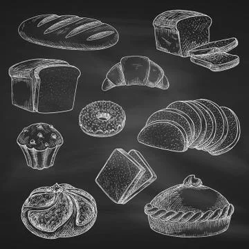 Bread chalk vector sketch icons on blackboard Stockillustratie