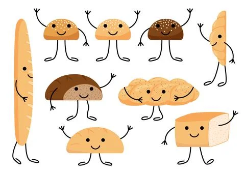 Bread character with face, cute eating group. Tasty kawaii bakery pastries Stock Illustration