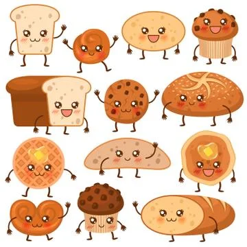 Bread characters. Funny bakery food faces icons, emoji cupcakes, pretzel and Stock Illustration