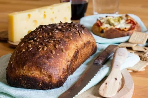 Bread, cheese and wine Stock Photos