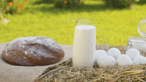 Bread, chicken eggs and milk Stock Footage 139650886