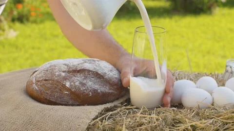 Bread, chicken eggs and milk Stock Footage 142341000