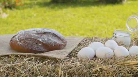 Bread, chicken eggs and sour cream Stock Footage 139650784