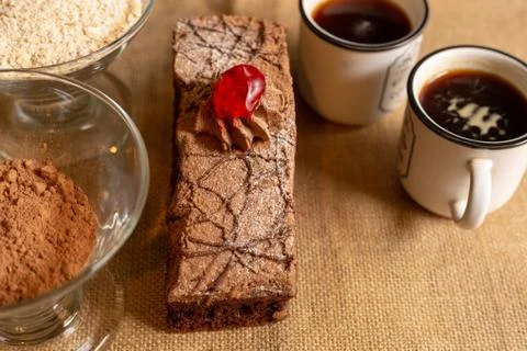 Bread, chocolate cake, coffee for a morning with a lot of happiness and enjoy Stock Photos