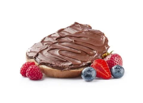 Bread with chocolate paste  on white bakgrounds. Stock Photos