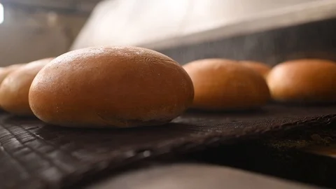 Bread comes out of the oven in close-up on a conveyor belt and is sprayed with Video stock 124253136