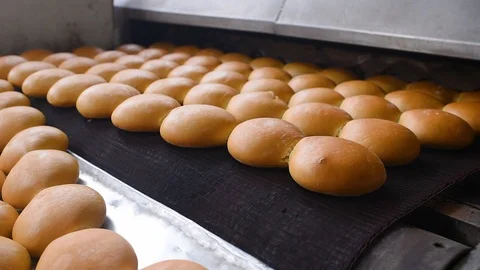 Bread comes out of the oven in close-up on a conveyor belt and is sprayed with Video stock 124253238
