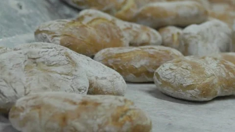 Bread coming out of oven in factory in slow motion Stock Footage 317980367