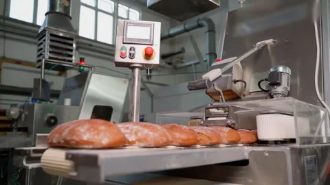Bread on a conveyor belt. Slow motion Stock Footage 250274345